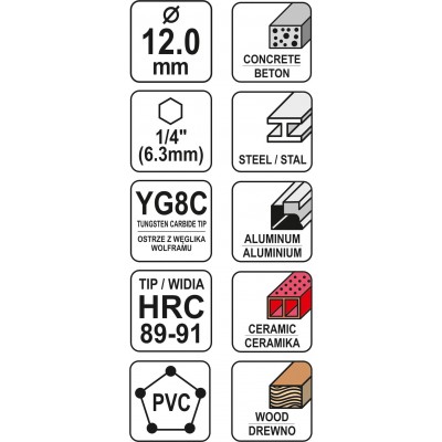 Сверло универсальное YATO YG6X 12 x 120/70 мм HEX-1/4"