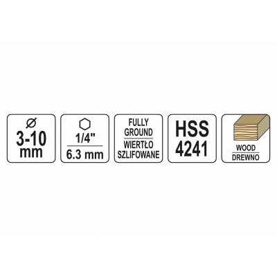 Набор сверл по дереву спиральных YATO Ø3-4-5-6-7-8-10 мм HEX 1/4" HSS 4241 7 шт