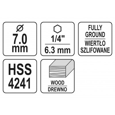 Сверло по дереву спиральное YATO Ø7 x 90/55 мм HEX 1/4" HSS 4241