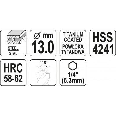 Сверло фрезерное по металлу YATO HSS-TIN 13 x 120 мм HEX - 1/4" Сверло фрезерное по металлу YATO HSS-TIN 13 x 120 мм HEX - 1/4"