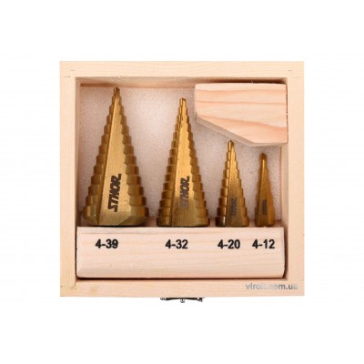 Сверла конические ступенчатые по металлу STHOR 4-39 мм HSS 4241 4 шт в деревянном футляре