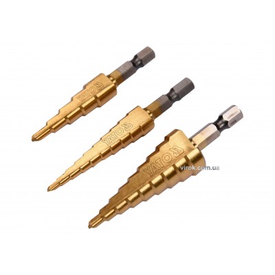 Сверла по металлу конусные титановые YATO HEX-1/4" HSS 4241 3-12 мм, 4-12 мм, 4-20 мм 3 шт