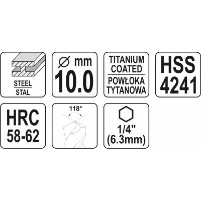 Сверло фрезерное по металлу YATO HSS-TIN 10 x 105 мм HEX - 1/4"