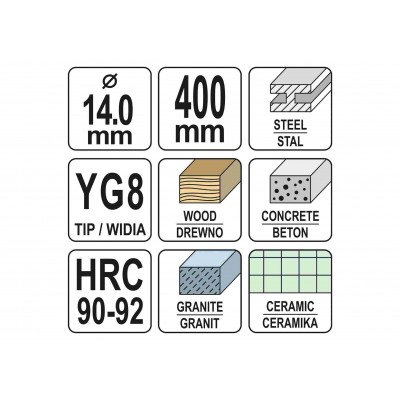 Сверло универсальное YATO 14 x 400 мм YG8 HRC 90-92 Сверло универсальное YATO 14 x 400 мм YG8 HRC 90-92