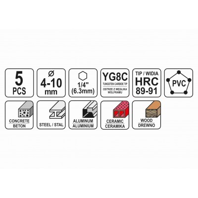 Набор сверл универсальных YATO YG6X 4-10 мм HEX-1/4" 5 шт