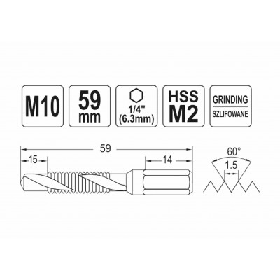 Сверло-метчик YATO М10 х 1.5 x 59/15 мм HSS М2 HEX-1/4" Сверло-метчик YATO М10 х 1.5 x 59/15 мм HSS М2 HEX-1/4"