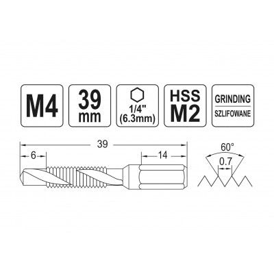 Сверло-метчик YATO М4 х 0.7 x 39/6 мм HSS М2 HEX-1/4"