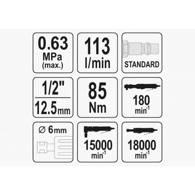 Набор пневматических инструментов: трещотка, шлифмашинки угловая и прямая YATO 1/2" 6.3 бар 113 л/мин + кейс Набор пневматических инструментов: трещотка, шлифмашинки угловая и прямая YATO 1/2" 6.3 бар 113 л/мин + кейс