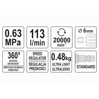 Угловая пневматическая шлифмашина YATO 1/4" 20000 об/мин 113 л/мин
