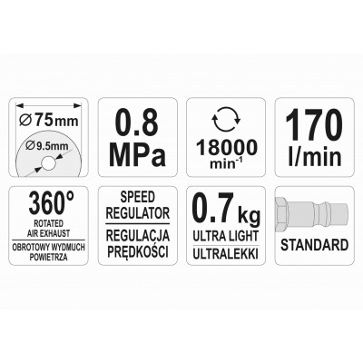Резак пневматический YATO 1/4" 75 x 9.5 мм 18000 об/мин 170 л/мин Резак пневматический YATO 1/4" 75 x 9.5 мм 18000 об/мин 170 л/мин