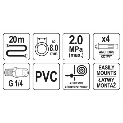 Шланг пневматический YATO на катушке с автосматыванием 8 мм 20 м