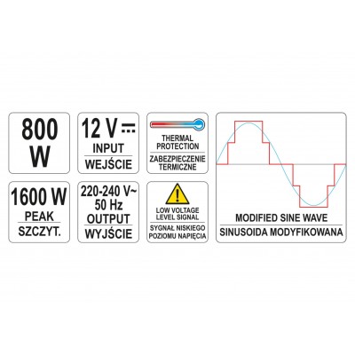 Преобразователь напряжения YATO YT-81491 (800 Вт, с 12 В DC в 230 В AC)