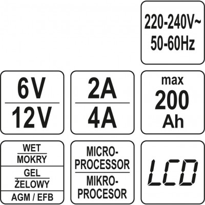 Зарядний прилад мережевий з LCD дисплеєм 230В YATO до акумуляторів 6V-2А 12V-4А, макс. 240 AГод