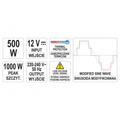 Преобразователь напряжения YATO YT-81490 (500 Вт, с 12 В DC в 230 В AC)