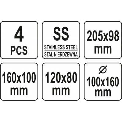 Скребки столярные из нержавеющей стали YATO, 205х98 мм, 160х100 мм, 120х80 мм, 100х160 мм, 4 шт.