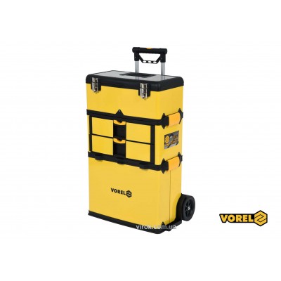 Ящик для инструментов на 2 колесах пластиковый VOREL 3 секции 57 х 37 х 84.5 см с телескопичсекой ручкой 58-98 см