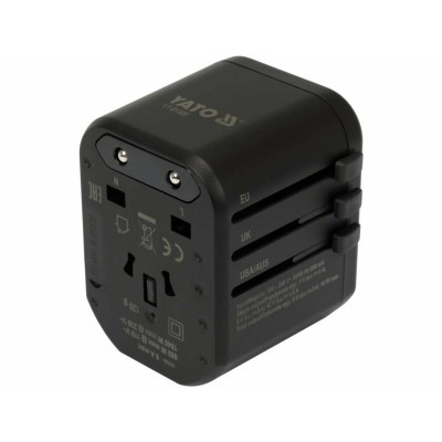 Розетка-адаптер електромережевий 110-240 В, до 8 А YATO з універсальн гніздом з USB,Type-C і вилками
