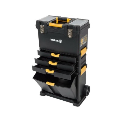 Ящик для инструментов на 2 колесах с ручкой пластиковый VOREL: 3 секции, 45х28х82/104 см Ящик для инструментов на 2 колесах с ручкой пластиковый VOREL: 3 секции, 45х28х82/104 см