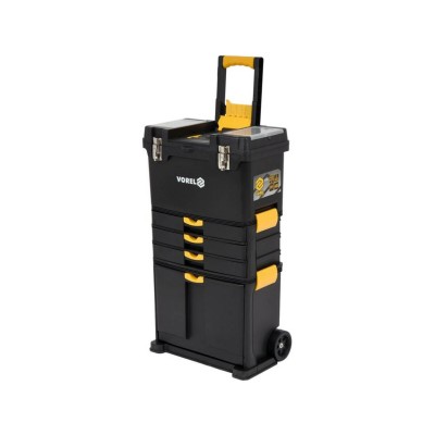 Ящик для инструментов на 2 колесах с ручкой пластиковый VOREL: 3 секции, 45х28х82/104 см