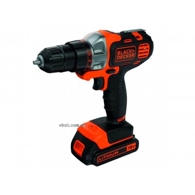 Шуруповерт аккумуляторный Black+Decker Li-Ion 18 В 1.5 Ач + 2 аккумулятора и сменные насадки и кейс